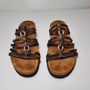 Naot Betty Metallic Bronze Strappy Leather Rhinestone Embellished Sandal 38/7